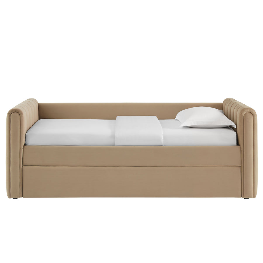 Kesia Channel Tufted Performance Velvet Twin Daybed With Trundle in Taupe