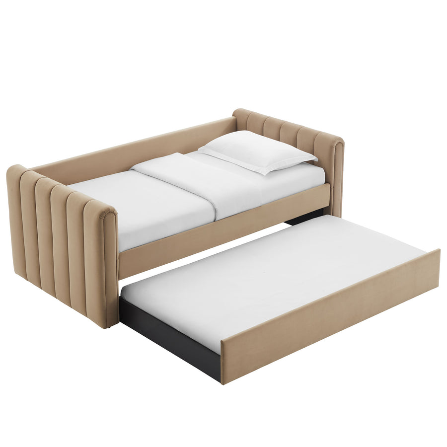 Kesia Channel Tufted Performance Velvet Twin Daybed With Trundle in Taupe