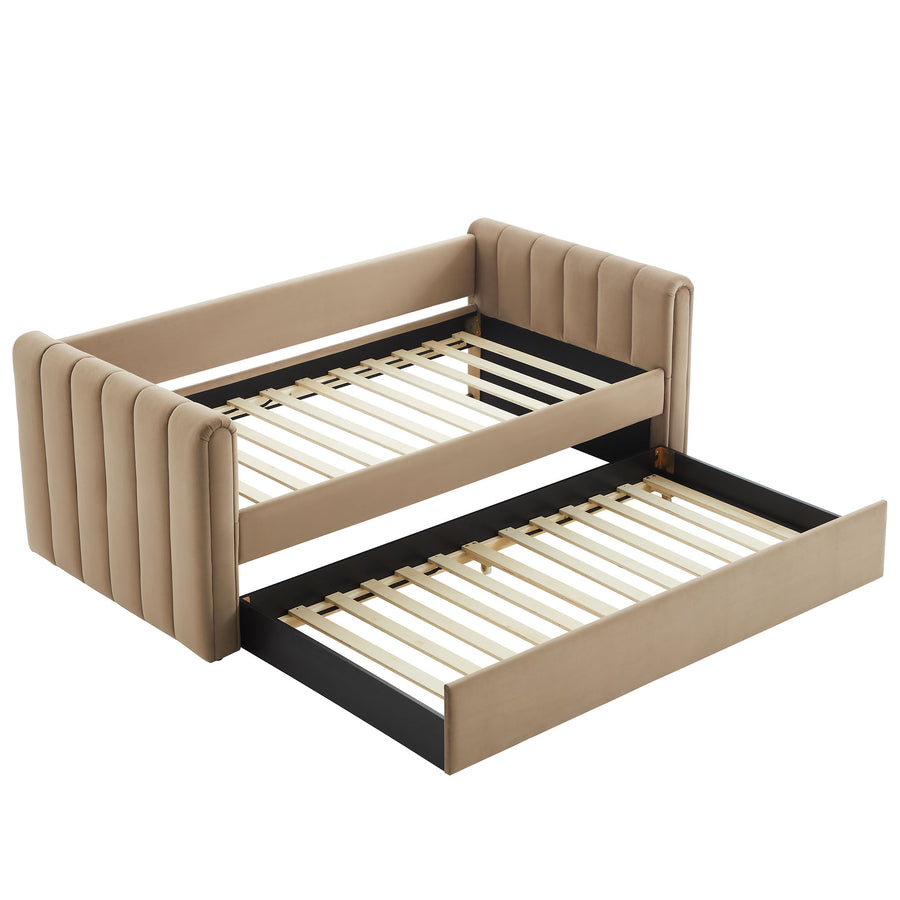 Kesia Channel Tufted Performance Velvet Twin Daybed With Trundle in Taupe