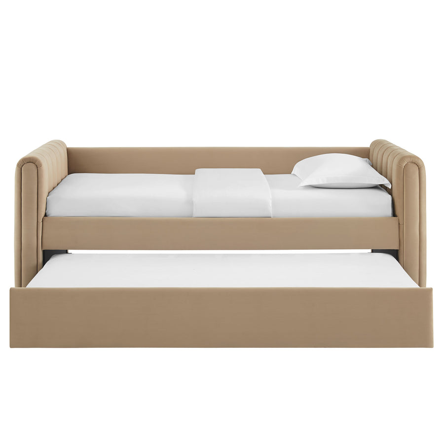Kesia Channel Tufted Performance Velvet Twin Daybed With Trundle in Taupe
