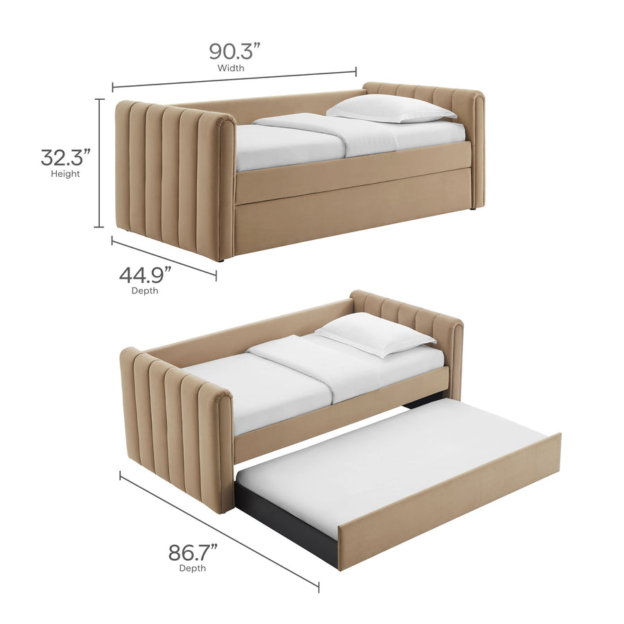 Kesia Channel Tufted Performance Velvet Twin Daybed With Trundle in Taupe