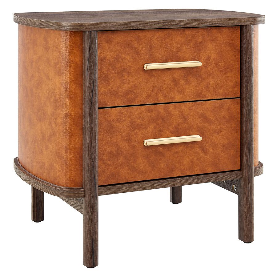 Verdant 2-Drawer Curved Vegan Leather Nightstand in Walnut Tan