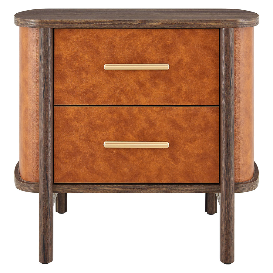 Verdant 2-Drawer Curved Vegan Leather Nightstand in Walnut Tan