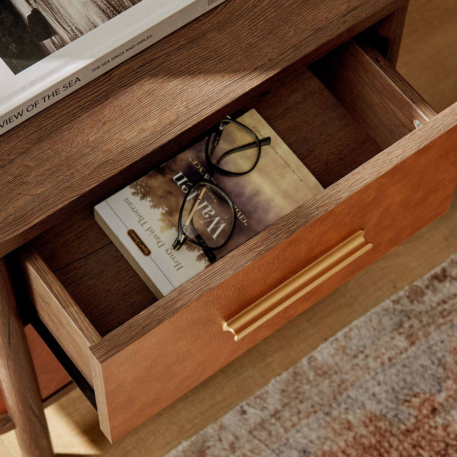 Verdant 2-Drawer Curved Vegan Leather Nightstand in Walnut Tan