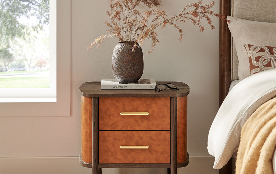 Verdant 2-Drawer Curved Vegan Leather Nightstand in Walnut Tan