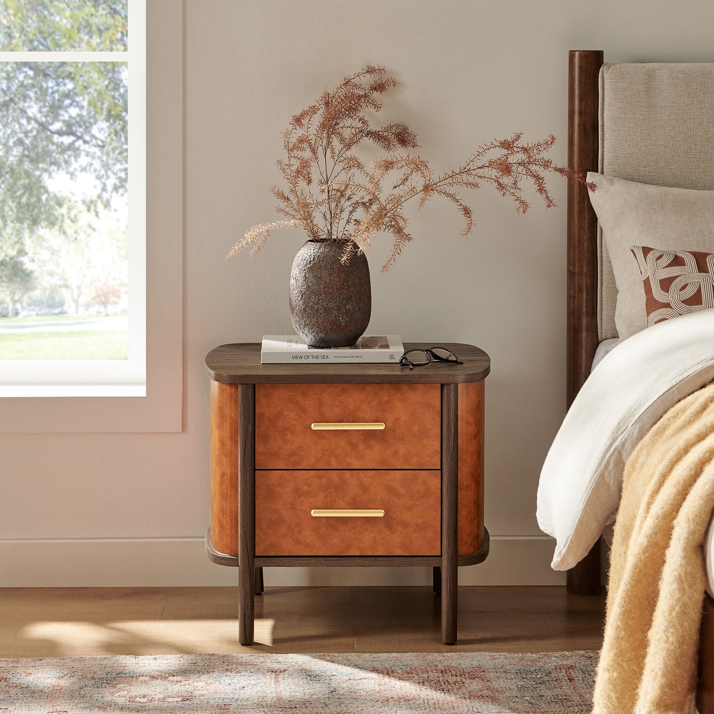 Coralie 2-Drawer Curved Vegan Leather Nightstand by Furniture For America
