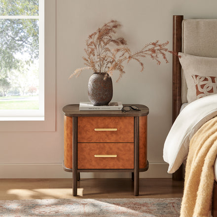 Coralie 2-Drawer Curved Vegan Leather Nightstand in Walnut Tan