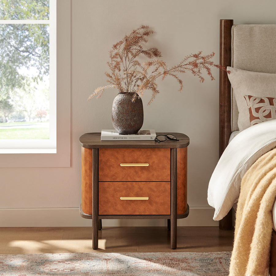 Verdant 2-Drawer Curved Vegan Leather Nightstand in Walnut Tan
