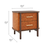 Verdant 2-Drawer Curved Vegan Leather Nightstand in Walnut Tan