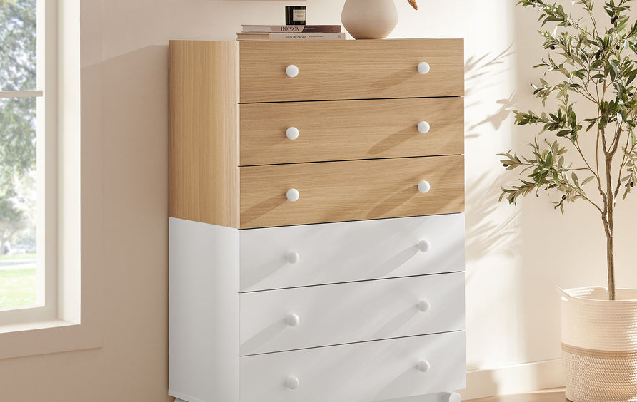 Sateen 6-Drawer Color Block Dresser Chest in Oak White