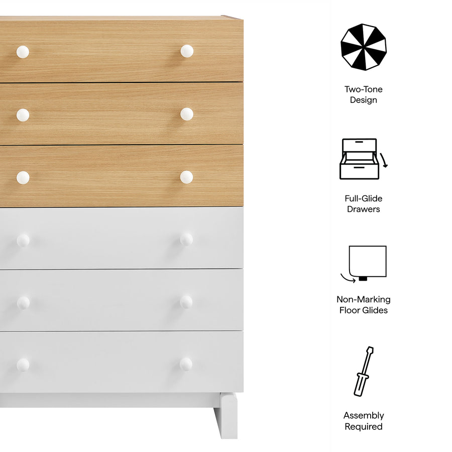 Sateen 6-Drawer Color Block Dresser Chest in Oak White