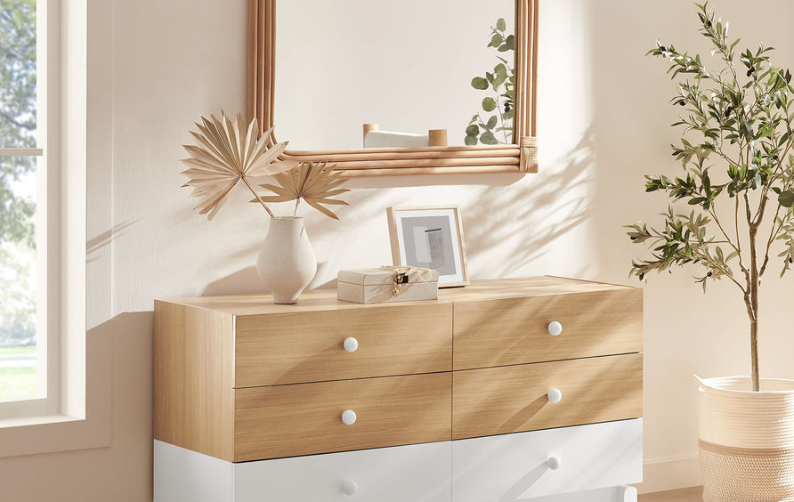 Sateen 6-Drawer Color Block Dresser in Oak White