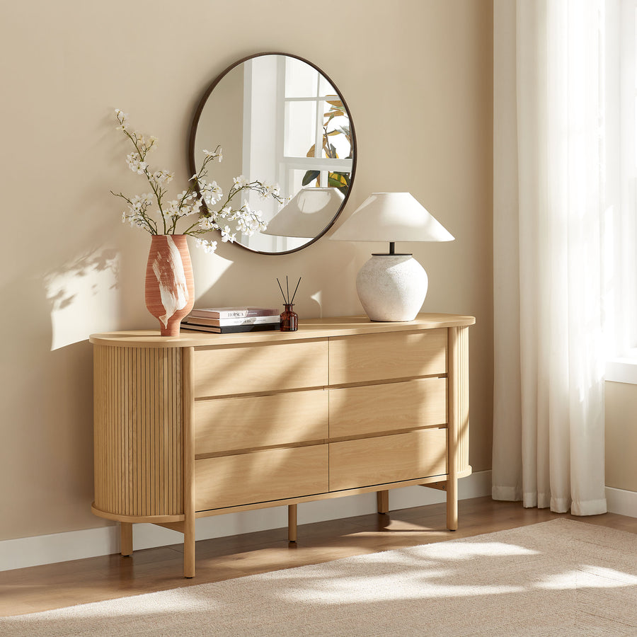 Marlon 6-Drawer Curved Dresser in Oak