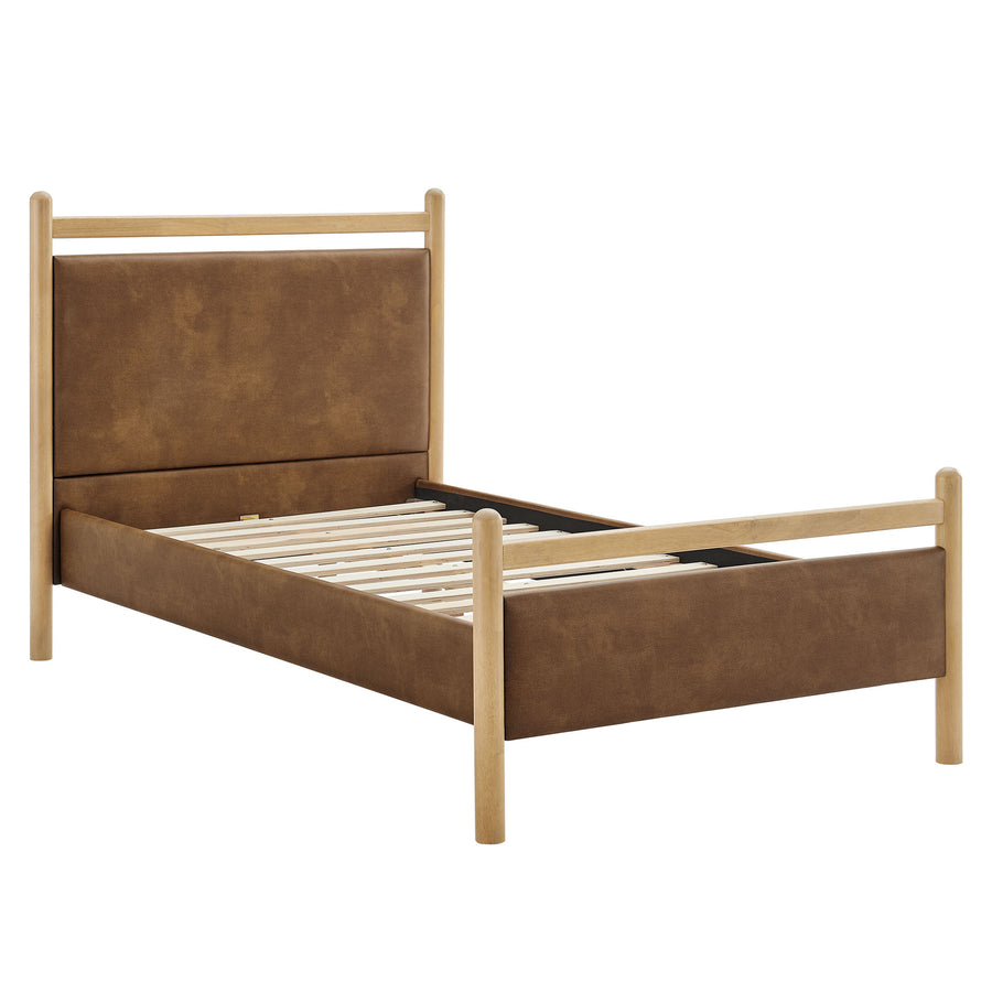 Flax Twin Size Vegan Leather Platform Bed Frame in Light Oak Canyon