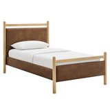 Flax Twin Size Vegan Leather Platform Bed Frame in Light Oak Canyon