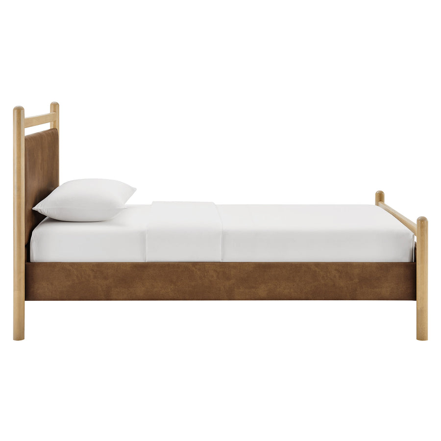 Flax Twin Size Vegan Leather Platform Bed Frame in Light Oak Canyon