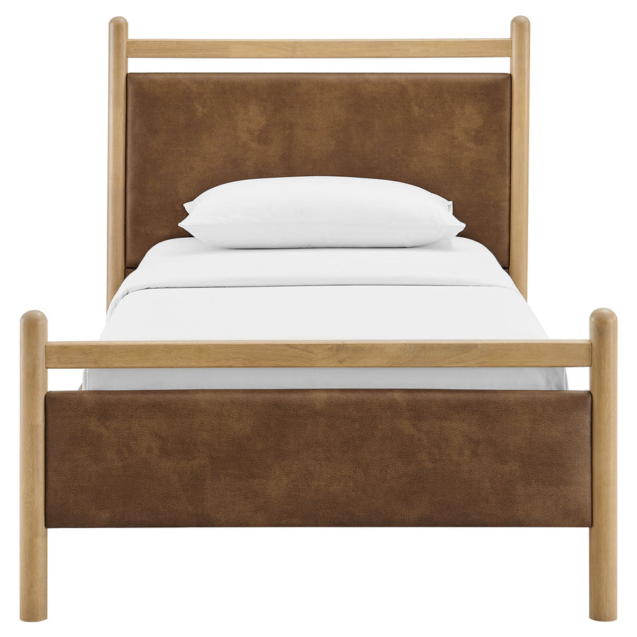 Flax Twin Size Vegan Leather Platform Bed Frame in Light Oak Canyon