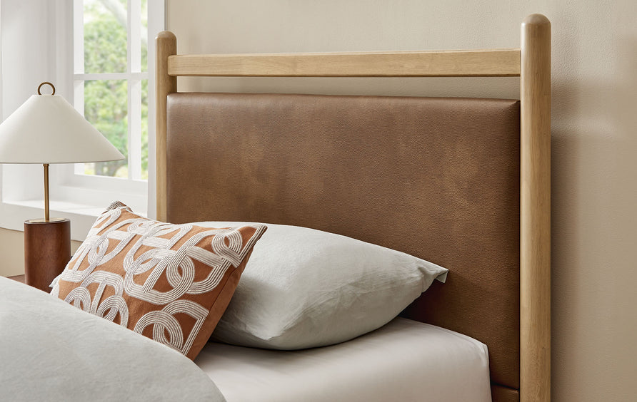 Flax Twin Size Vegan Leather Platform Bed Frame in Light Oak Canyon