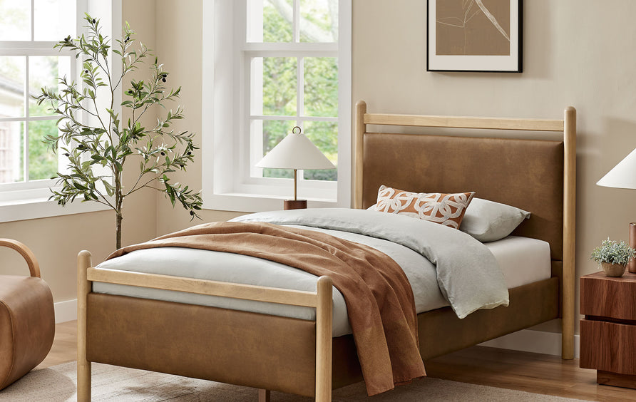 Flax Twin Size Vegan Leather Platform Bed Frame in Light Oak Canyon