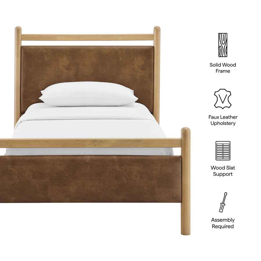Flax Twin Size Vegan Leather Platform Bed Frame in Light Oak Canyon
