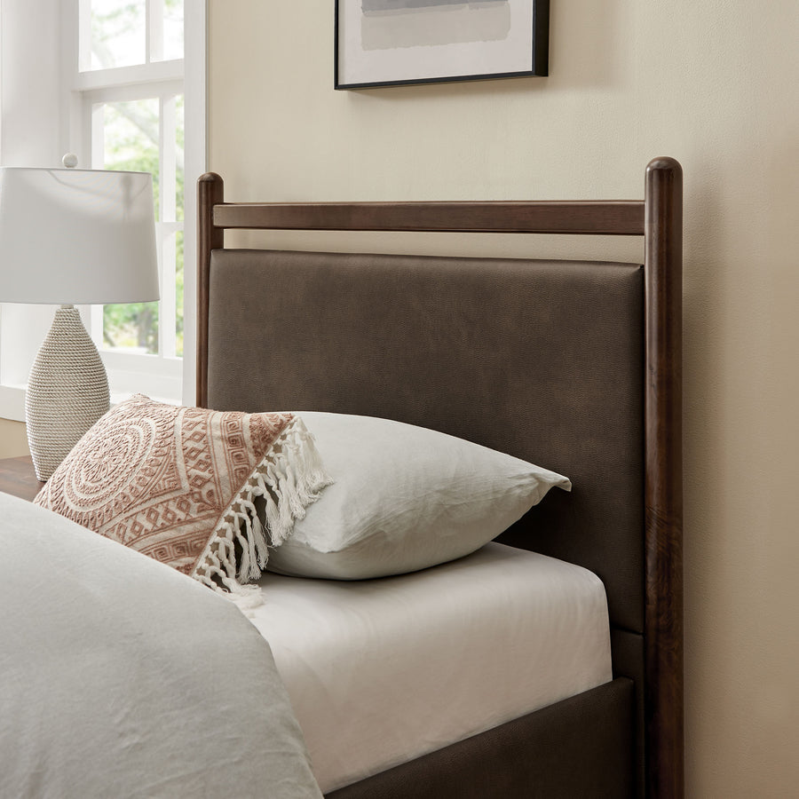 Flax Twin Size Vegan Leather Platform Bed Frame in Wenge Mushroom