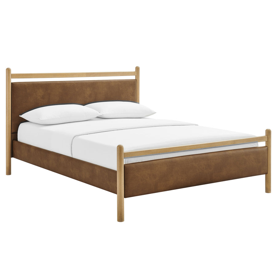 Flax Full Size Vegan Leather Platform Bed Frame in Light Oak Canyon