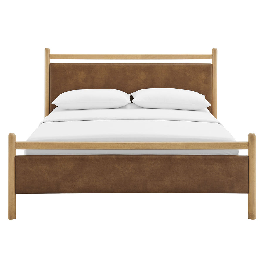 Flax Full Size Vegan Leather Platform Bed Frame in Light Oak Canyon