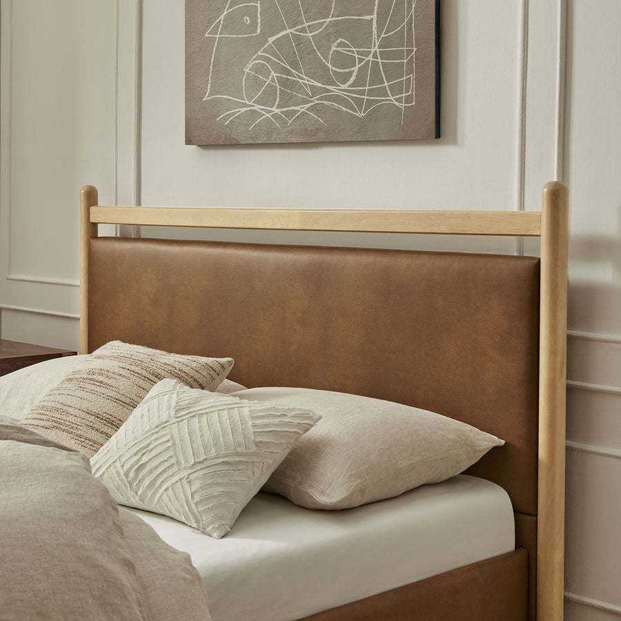 Flax Full Size Vegan Leather Platform Bed Frame in Light Oak Canyon