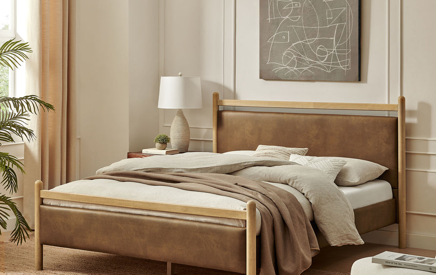 Flax Full Size Vegan Leather Platform Bed Frame in Light Oak Canyon