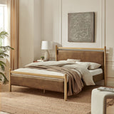 Flax Full Size Vegan Leather Platform Bed Frame in Light Oak Canyon