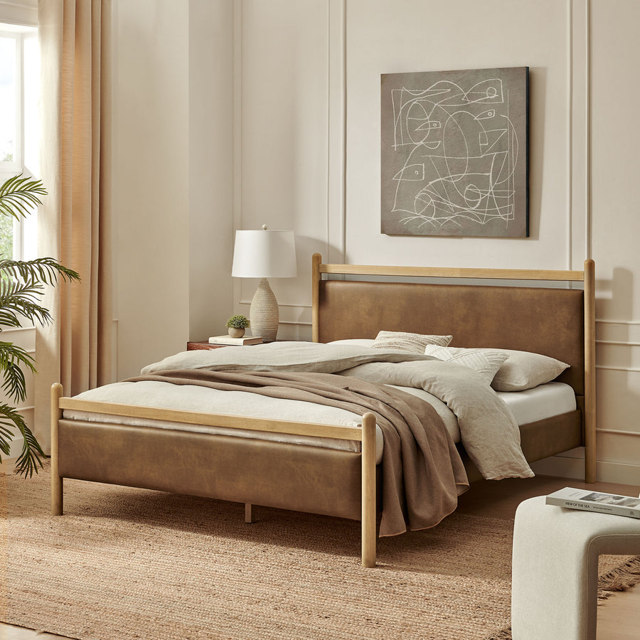 Flax Full Size Vegan Leather Platform Bed Frame in Light Oak Canyon