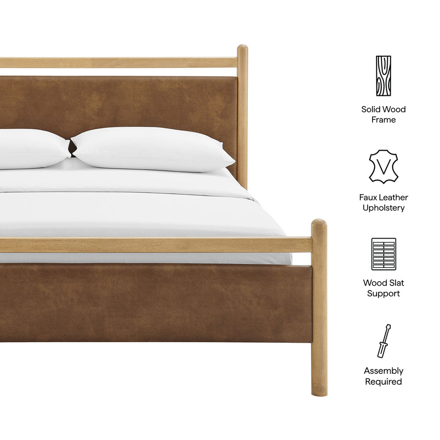 Flax Full Size Vegan Leather Platform Bed Frame in Light Oak Canyon