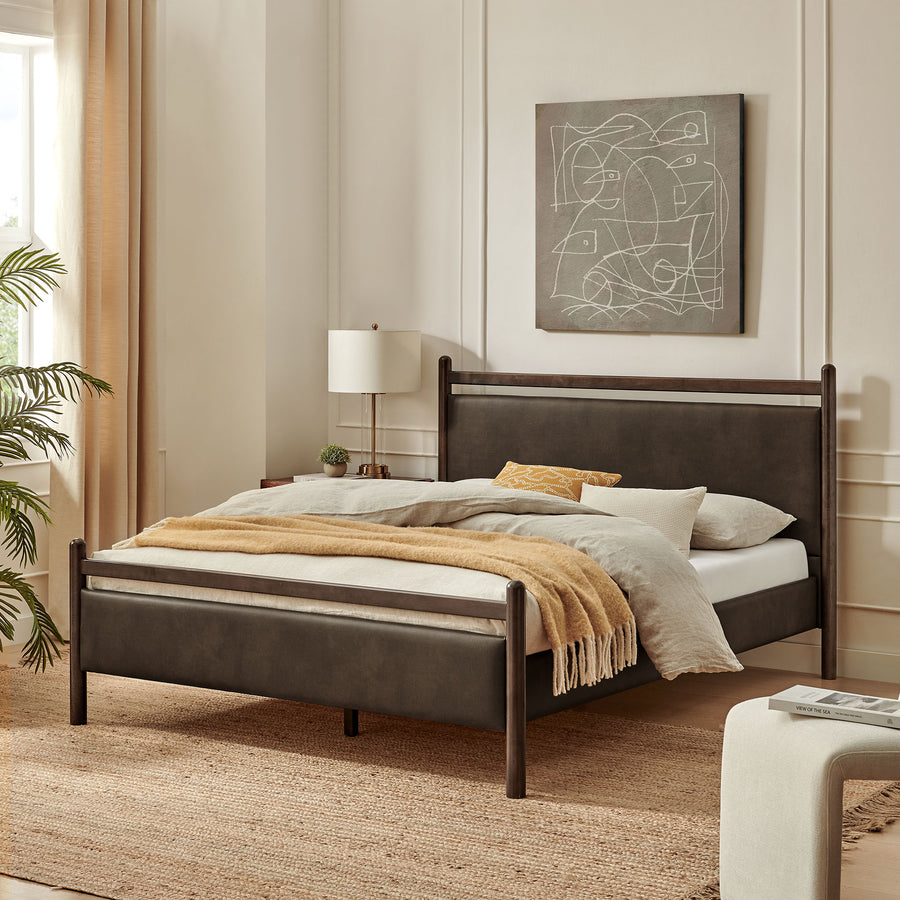 Flax Full Size Vegan Leather Platform Bed Frame in Wenge Mushroom