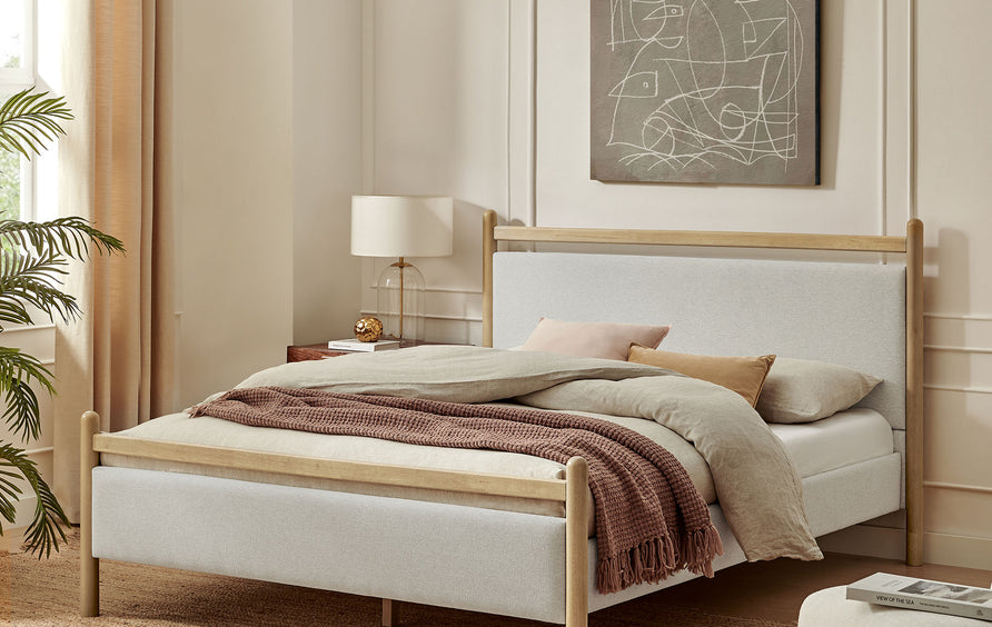 Flax Queen Size Platform Bed Frame in Light Oak Heathered Ivory