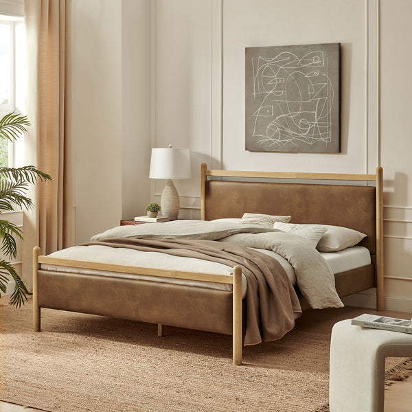 Flax King Size Vegan Leather Platform Bed Frame in Light Oak Canyon