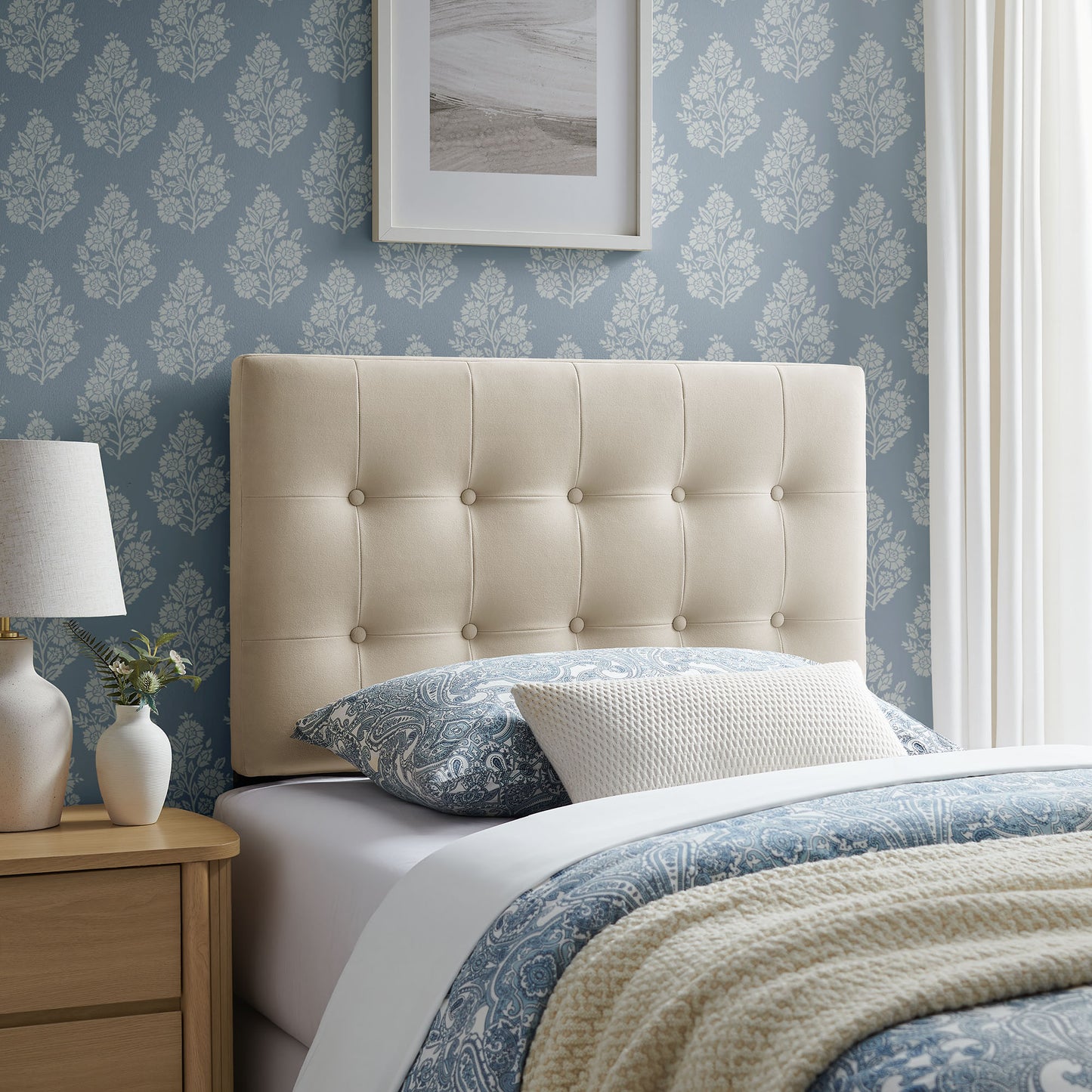 Vale Stain-Resistant Performance Velvet Twin Size Headboard in Alabaster