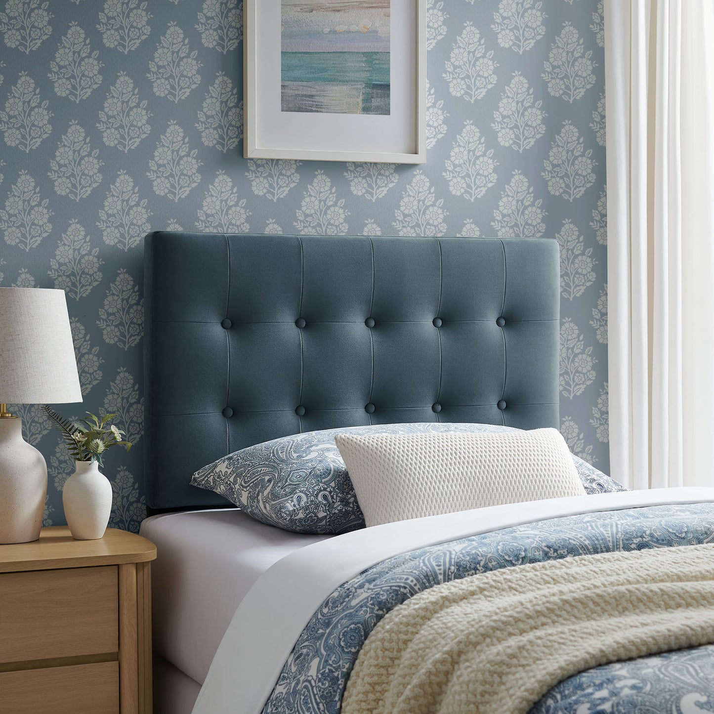 Vale Stain-Resistant Performance Velvet Twin Size Headboard in Cadet Blue