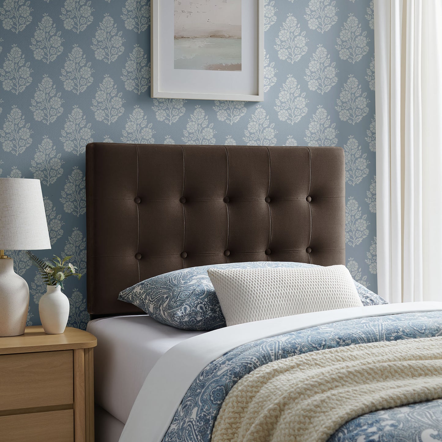 Vale Stain-Resistant Performance Velvet Twin Size Headboard in Chocolate Brown