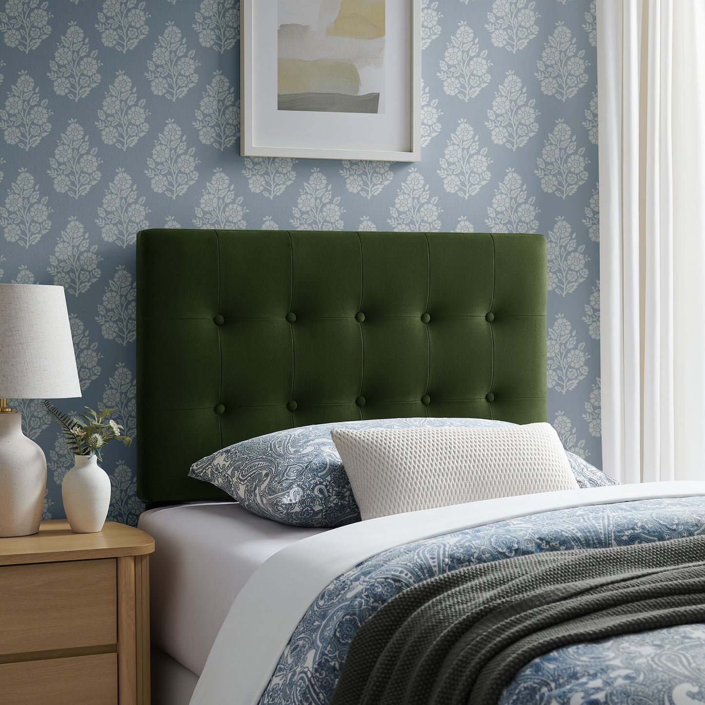Vale Stain-Resistant Performance Velvet Twin Size Headboard in Moss Green