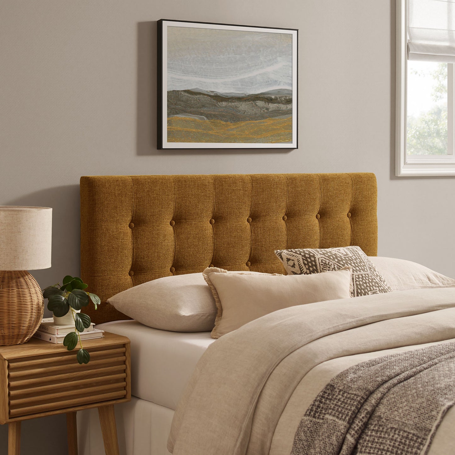 Vale Fabric Upholstered Queen Size Headboard in Copper