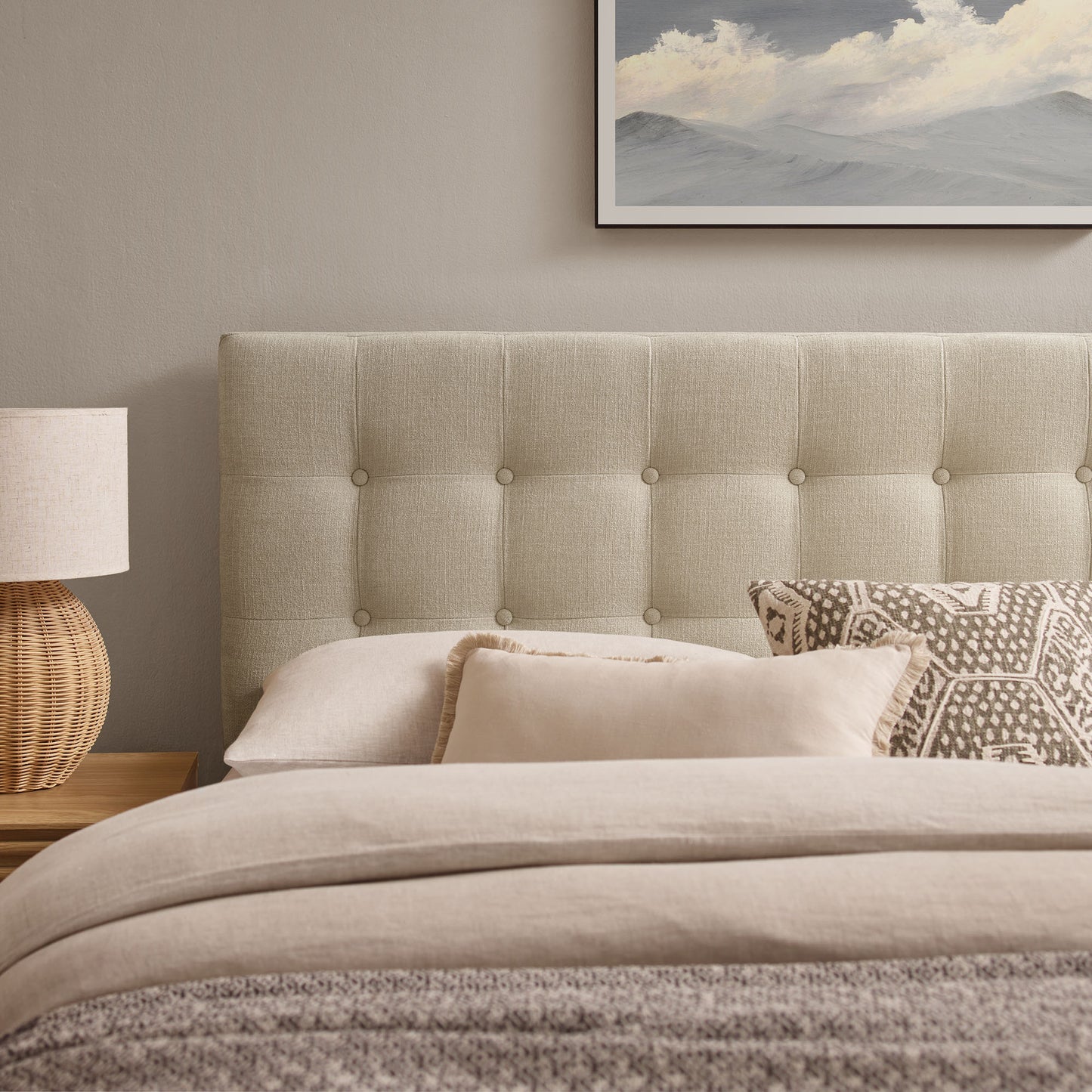 Vale Fabric Upholstered Queen Size Headboard in Ecru