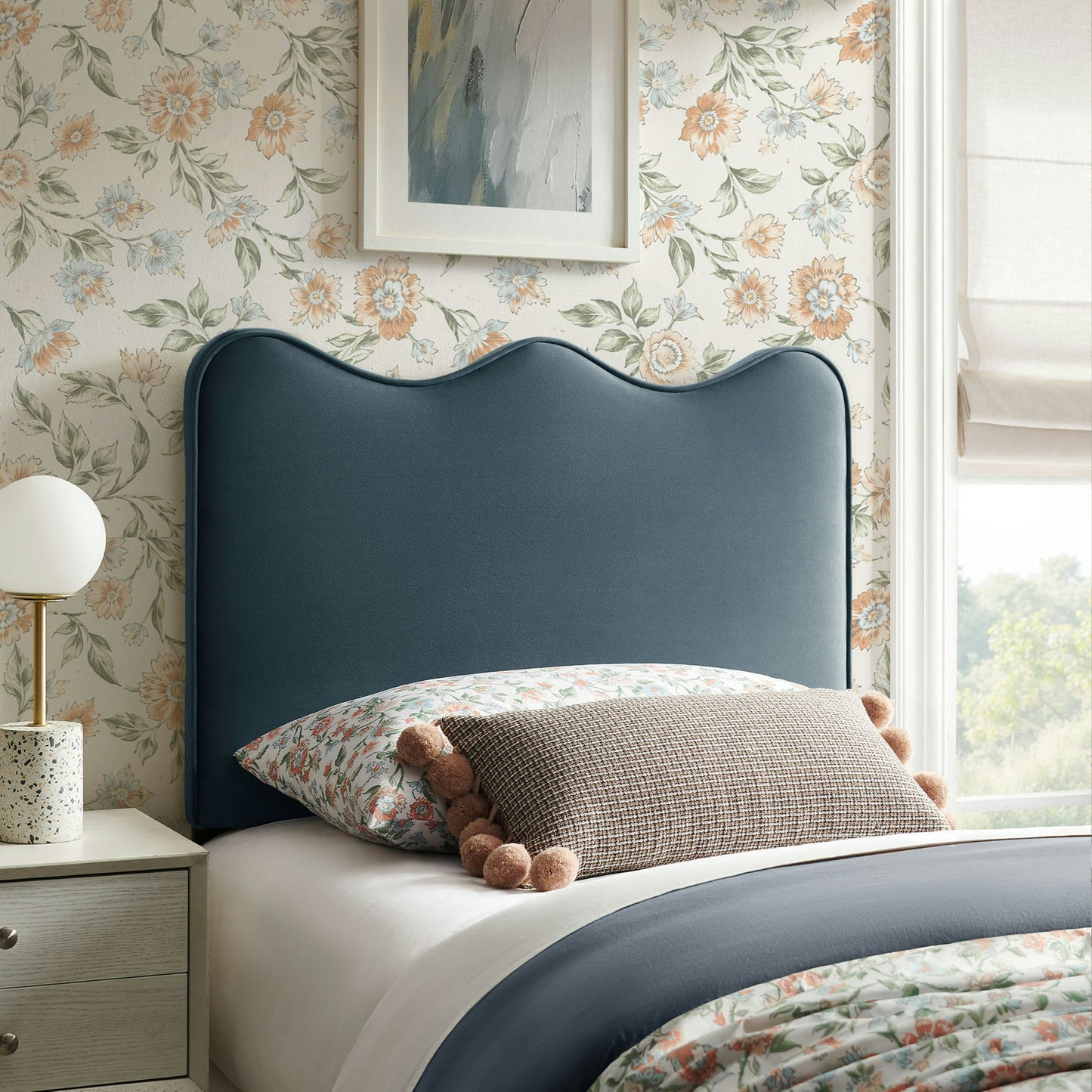 Hazel Stain-Resistant Performance Velvet Twin Size Headboard in Cadet Blue