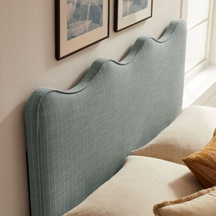 Athena Striped Fabric Upholstered Full Size Headboard in Spa Blue Stripe