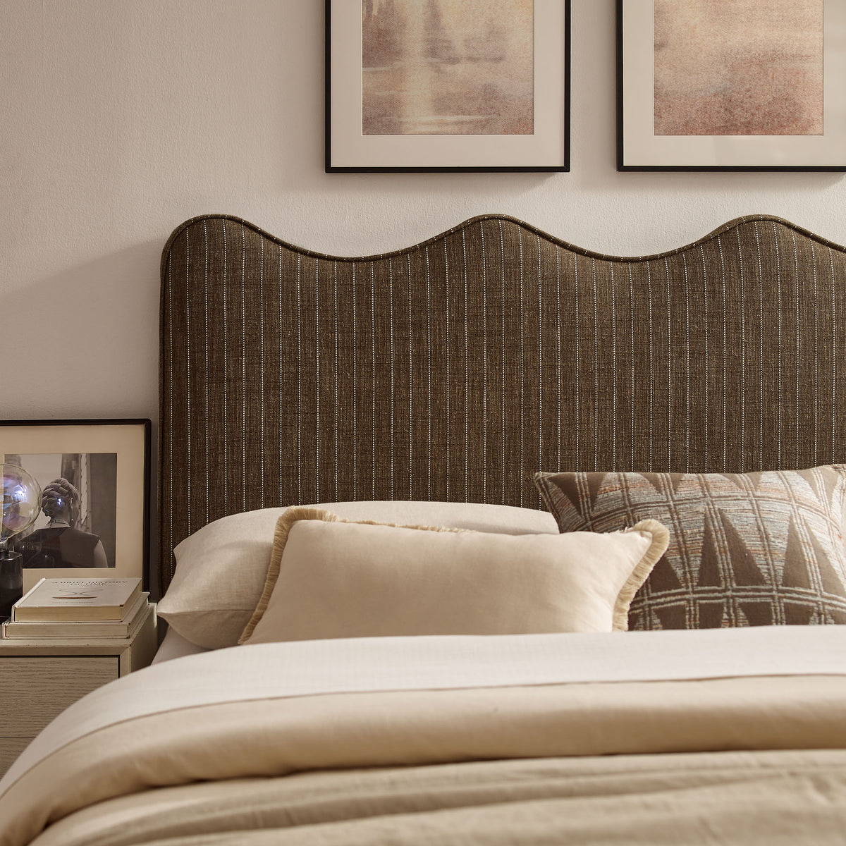 Athena Striped Fabric Upholstered Queen Size Headboard in Oatmeal Stripe