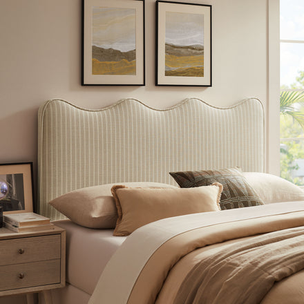 Athena Striped Fabric Upholstered Queen Size Headboard in Oatmeal Stripe