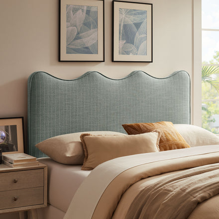 Athena Striped Fabric Upholstered Queen Size Headboard in Spa Blue Stripe