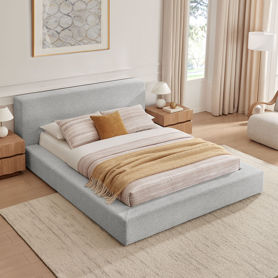 Kiln Chenille Upholstered Queen Platform Bed Frame in Light Gray Fabric