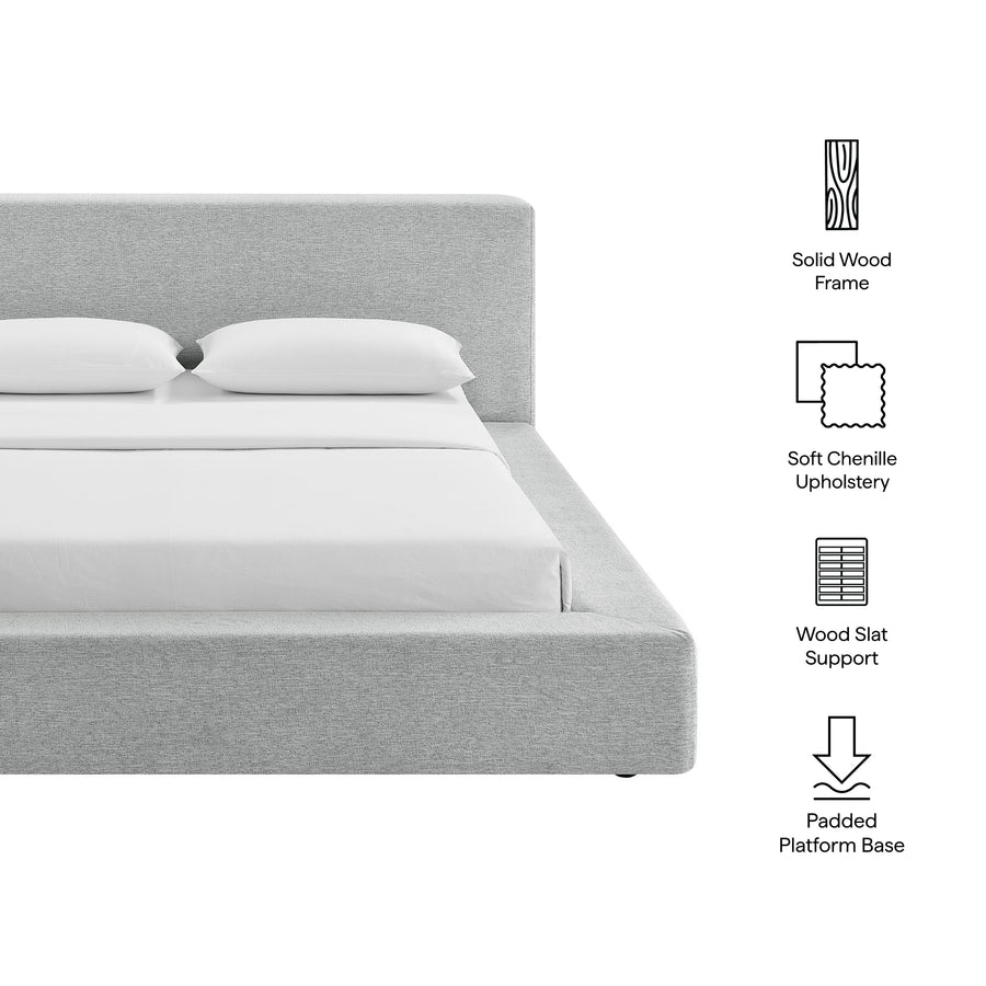 Kiln Chenille Upholstered Queen Platform Bed Frame in Light Gray Fabric