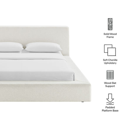Luma Chenille Upholstered King Platform Bed Frame in Ivory Fabric