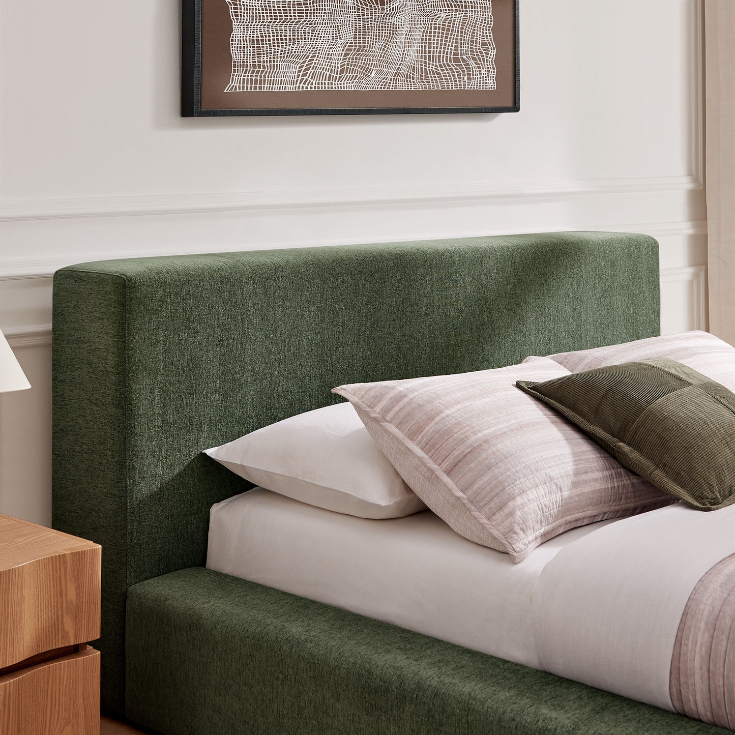 Kiln Chenille Upholstered Queen Platform Bed Frame in Eucalyptus